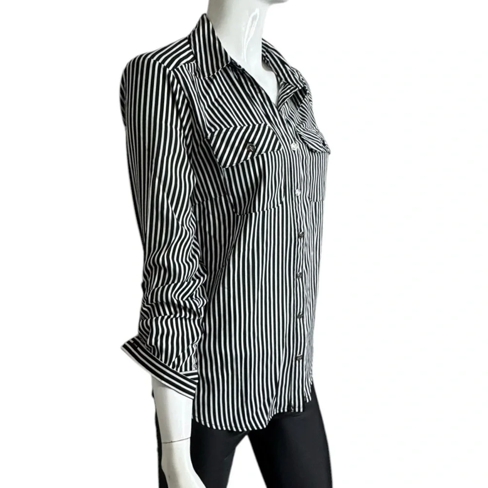 Adrienne Vittadini Striped Long Sleeve Black & White Button Down Shirt - Picture 2 of 6